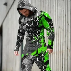 Men's Graphic Geometric 2pcs 3D Sweatshirt Sets Tracksuit Hoodies Long Sleeve Long pants Hooded Streetwear Sportswear Basic Sports & Outdoor Casual Sports Print Spring Fall Yellow Light Green Pink