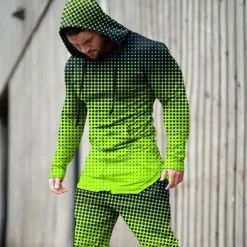 Men's Graphic Geometric 2pcs 3D Sweatshirt Sets Tracksuit Hoodies Long Sleeve Long pants Hooded Streetwear Sportswear Basic Sports & Outdoor Casual Sports Print Spring Fall Yellow Light Green Pink