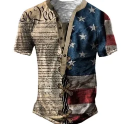 Men's Graphic Letter American Flag T shirt Henley Shirt Tee Short Sleeve 3D Print Designer Basic Classic Outdoor Daily Sports Summer Blue Khaki Gray Henley Henley T-Shirt