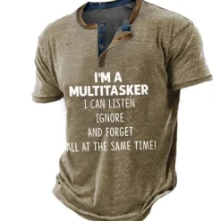 Men's Graphic Letter Henley Shirt Short Sleeve 3D Print Fashion Designer Comfortable Outdoor Daily Summer Black Navy Blue Khaki Army Green Henley Henley T-Shirt