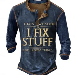 Men's Graphic Letter I Fix Stuff Henley Shirt Tee Long Sleeve 3D Print Fashion Designer Comfort Casual Daily Wear Going out Spring & Fall Black Navy Blue Blue Brown Gray Henley Henley T-Shirt