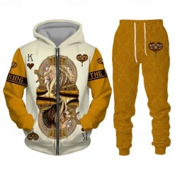 Men's Graphic Lion 2pcs 3D Sweatshirt Sets Hoodie Tracksuit Long Sleeve Long pants Hooded Streetwear Basic Casual Sports & Outdoor Casual Sports Zipper Print Spring Fall Wine Red Black Yellow