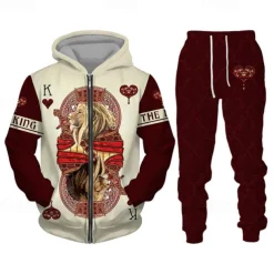 Men's Graphic Lion 2pcs 3D Sweatshirt Sets Hoodie Tracksuit Long Sleeve Long pants Hooded Streetwear Basic Casual Sports & Outdoor Casual Sports Zipper Print Spring Fall Wine Red Black Yellow