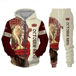 Men's Graphic Lion 2pcs 3D Sweatshirt Sets Hoodie Tracksuit Long Sleeve Long pants Hooded Streetwear Basic Casual Sports & Outdoor Casual Sports Zipper Print Spring Fall Wine Red Black Yellow