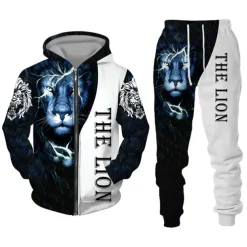 Men's Graphic Lion 2pcs 3D Sweatshirt Sets Hoodie Tracksuit Long Sleeve Long pants Hooded Streetwear Designer Basic Sports & Outdoor Casual Sports Zipper Spring Fall Black White Purple