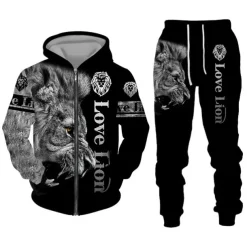 Men's Graphic Lion 2pcs 3D Sweatshirt Sets Hoodie Tracksuit Long Sleeve Long pants Hooded Streetwear Designer Basic Sports & Outdoor Casual Sports Zipper Spring Fall Black White Purple