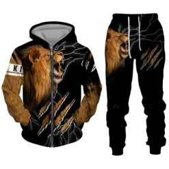 Men's Graphic Lion 2pcs 3D Sweatshirt Sets Hoodie Tracksuit Long Sleeve Long pants Hooded Streetwear Designer Basic Sports & Outdoor Casual Sports Zipper Spring Fall Black White Purple