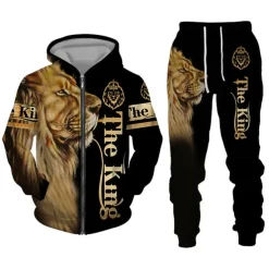 Men's Graphic Lion 2pcs 3D Sweatshirt Sets Hoodie Tracksuit Long Sleeve Long pants Hooded Streetwear Designer Basic Sports & Outdoor Casual Sports Zipper Spring Fall Black White Purple