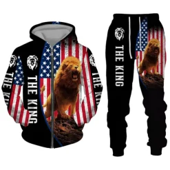 Men's Graphic Lion 2pcs 3D Sweatshirt Sets Hoodie Tracksuit Long Sleeve Long pants Hooded Streetwear Designer Basic Sports & Outdoor Casual Sports Zipper Spring Fall Black White Purple