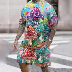 Men's Graphic Mushroom 2pcs Tees sets Short Sleeve Short Pants Crew Neck Designer Casual Comfortable Outdoor Vacation Daily 3D Print Spring & Summer Pink Red Blue