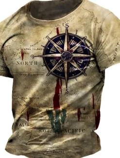 Men's Graphic Nautical Compass T Shirt Tee Distressed T Shirt Short Sleeve T shirt 3D Print Crew Neck Shirt Vintage Fashion Designer Outdoor Casual Daily Khaki Spring & Summer Clothing Apparel S M L