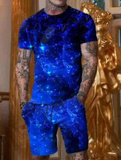 Men's Graphic Optical Illusion 2pcs Tees sets Matching Sets Short Sleeve Short Pants Crew Neck Designer Casual Comfortable Outdoor Vacation Daily 3D Print Spring & Summer Blue Red Green