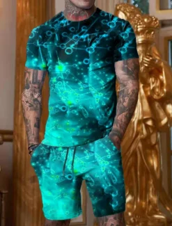 Men's Graphic Optical Illusion 2pcs Tees sets Matching Sets Short Sleeve Short Pants Crew Neck Designer Casual Comfortable Outdoor Vacation Daily 3D Print Spring & Summer Blue Red Green