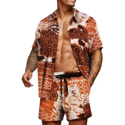 Men's Graphic Palm Leaf Tropical Plants 2pcs Shirts Sets Summer Hawaiian Shirt Short Sleeve Short Pants Turndown Designer Beach Vacation Casual Daily 3D Summer Silver Red / White Green / Black