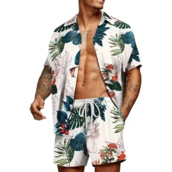 Men's Graphic Palm Leaf Tropical Plants 2pcs Shirts Sets Summer Hawaiian Shirt Short Sleeve Short Pants Turndown Designer Beach Vacation Casual Daily 3D Summer Silver Red / White Green / Black