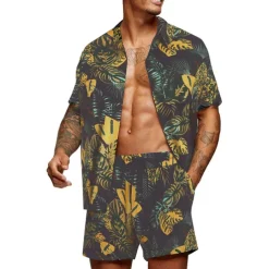 Men's Graphic Palm Leaf Tropical Plants 2pcs Shirts Sets Summer Hawaiian Shirt Short Sleeve Short Pants Turndown Designer Beach Vacation Casual Daily 3D Summer Silver Red / White Green / Black