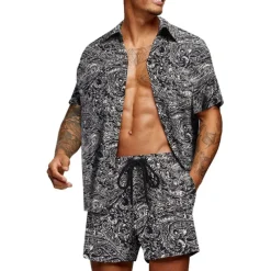 Men's Graphic Palm Leaf Tropical Plants 2pcs Shirts Sets Summer Hawaiian Shirt Short Sleeve Short Pants Turndown Designer Beach Vacation Casual Daily 3D Summer Silver Red / White Green / Black