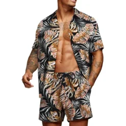 Men's Graphic Palm Leaf Tropical Plants 2pcs Shirts Sets Summer Hawaiian Shirt Short Sleeve Short Pants Turndown Designer Beach Vacation Casual Daily 3D Summer Silver Red / White Green / Black