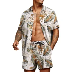 Men's Graphic Palm Leaf Tropical Plants 2pcs Shirts Sets Summer Hawaiian Shirt Short Sleeve Short Pants Turndown Designer Beach Vacation Casual Daily 3D Summer Silver Red / White Green / Black
