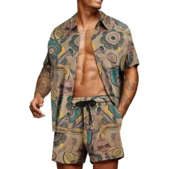 Men's Graphic Palm Leaf Tropical Plants 2pcs Shirts Sets Summer Hawaiian Shirt Short Sleeve Short Pants Turndown Designer Beach Vacation Casual Daily 3D Summer Silver Red / White Green / Black