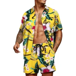 Men's Graphic Palm Leaf Tropical Plants 2pcs Shirts Sets Summer Hawaiian Shirt Short Sleeve Short Pants Turndown Designer Beach Vacation Casual Daily 3D Summer Silver Red / White Green / Black