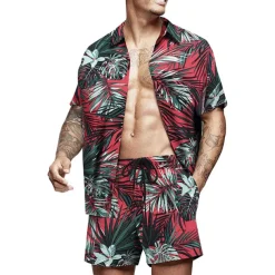 Men's Graphic Palm Leaf Tropical Plants 2pcs Shirts Sets Summer Hawaiian Shirt Short Sleeve Short Pants Turndown Designer Beach Vacation Casual Daily 3D Summer Silver Red / White Green / Black