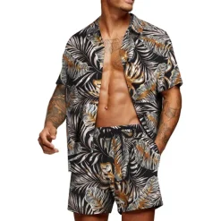 Men's Graphic Palm Leaf Tropical Plants 2pcs Shirts Sets Summer Hawaiian Shirt Short Sleeve Short Pants Turndown Designer Beach Vacation Casual Daily 3D Summer Silver Red / White Green / Black