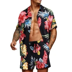 Men's Graphic Palm Leaf Tropical Plants 2pcs Shirts Sets Summer Hawaiian Shirt Short Sleeve Short Pants Turndown Designer Beach Vacation Casual Daily 3D Summer Silver Red / White Green / Black
