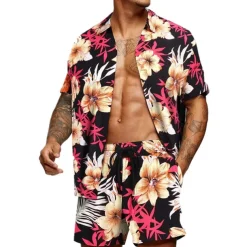 Men's Graphic Palm Leaf Tropical Plants 2pcs Shirts Sets Summer Hawaiian Shirt Short Sleeve Short Pants Turndown Designer Beach Vacation Casual Daily 3D Summer Silver Red / White Green / Black