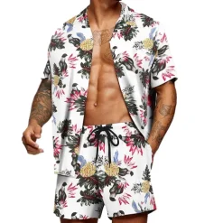 Men's Graphic Palm Leaf Tropical Plants 2pcs Shirts Sets Summer Hawaiian Shirt Short Sleeve Short Pants Turndown Designer Beach Vacation Casual Daily 3D Summer Silver Red / White Green / Black