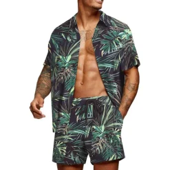 Men's Graphic Palm Leaf Tropical Plants 2pcs Shirts Sets Summer Hawaiian Shirt Short Sleeve Short Pants Turndown Designer Beach Vacation Casual Daily 3D Summer Silver Red / White Green / Black