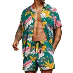 Men's Graphic Palm Leaf Tropical Plants 2pcs Shirts Sets Summer Hawaiian Shirt Short Sleeve Short Pants Turndown Designer Beach Vacation Casual Daily 3D Summer Silver Red / White Green / Black