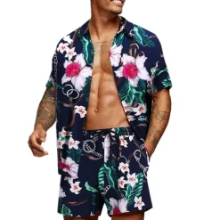 Men's Graphic Palm Leaf Tropical Plants 2pcs Shirts Sets Summer Hawaiian Shirt Short Sleeve Short Pants Turndown Designer Beach Vacation Casual Daily 3D Summer Silver Red / White Green / Black