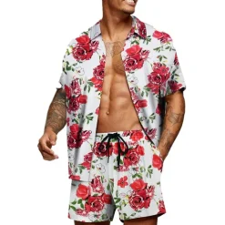 Men's Graphic Palm Leaf Tropical Plants 2pcs Shirts Sets Summer Hawaiian Shirt Short Sleeve Short Pants Turndown Designer Beach Vacation Casual Daily 3D Summer Silver Red / White Green / Black