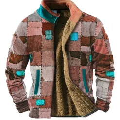 Men's Graphic Patchwork Sweatshirts Zip Sweatshirt Fleece Jacket Outerwear Long Sleeve Sweatshirt Stand Collar Daily Casual Vintage Retro Vacation Holiday Going out Fleece Winter