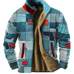 Men's Graphic Patchwork Sweatshirts Zip Sweatshirt Fleece Jacket Outerwear Long Sleeve Sweatshirt Stand Collar Daily Casual Vintage Retro Vacation Holiday Going out Fleece Winter