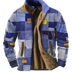 Men's Graphic Patchwork Sweatshirts Zip Sweatshirt Fleece Jacket Outerwear Long Sleeve Sweatshirt Stand Collar Daily Casual Vintage Retro Vacation Holiday Going out Fleece Winter