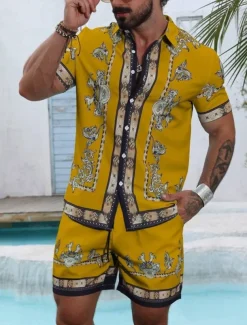 Men's Graphic 2pcs Shirts Sets Summer Tops Short Sleeve Short Pants Turndown Ethnic Outdoor Casual Daily 3D Print Summer Robin's Egg Blue Black Yellow