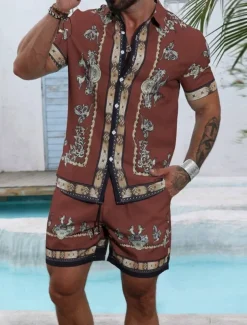 Men's Graphic 2pcs Shirts Sets Summer Tops Short Sleeve Short Pants Turndown Ethnic Outdoor Casual Daily 3D Print Summer Robin's Egg Blue Black Yellow