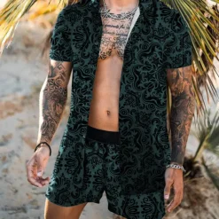 Men's Graphic 2pcs Shirts Sets Matching Sets Short Sleeve Short Pants Sporty Casual / Sporty Daily Weekend Print Spring & Summer Black Blue Purple