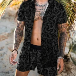 Men's Graphic 2pcs Shirts Sets Matching Sets Short Sleeve Short Pants Sporty Casual / Sporty Daily Weekend Print Spring & Summer Black Blue Purple
