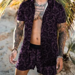 Men's Graphic 2pcs Shirts Sets Matching Sets Short Sleeve Short Pants Sporty Casual / Sporty Daily Weekend Print Spring & Summer Black Blue Purple