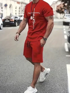 Men's Graphic 2pcs Tees sets Summer Tops Short Sleeve Short Pants Crew Neck Sport Casual Casual Going out Streetwear 3D Print Summer Grey Black Red