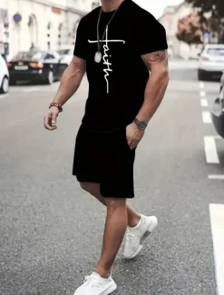 Men's Graphic 2pcs Tees sets Summer Tops Short Sleeve Short Pants Crew Neck Sport Casual Casual Going out Streetwear 3D Print Summer Grey Black Red