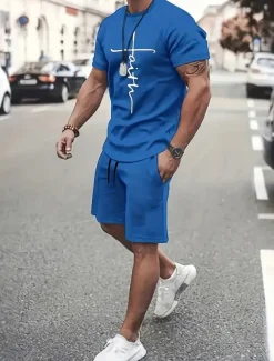 Men's Graphic 2pcs Tees sets Summer Tops Short Sleeve Short Pants Crew Neck Sport Casual Casual Going out Streetwear 3D Print Summer Grey Black Red