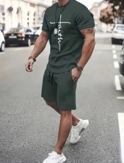 Men's Graphic 2pcs Tees sets Summer Tops Short Sleeve Short Pants Crew Neck Sport Casual Casual Going out Streetwear 3D Print Summer Grey Black Red