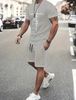 Men's Graphic 2pcs Tees sets Summer Tops Short Sleeve Short Pants Crew Neck Sport Casual Casual Going out Streetwear 3D Print Summer Grey Black Red