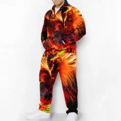 Men's Graphic Phoenix 2pcs 3D Sweatshirt Sets Hoodie Tracksuit Plus Size Set Long Sleeve Long pants Hooded Fashion Designer Casual Daily Sports Going out 3D Print Spring & Fall Blue Orange Green
