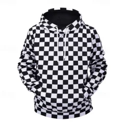 Men's Graphic Plaid Checkered Check Hoodie Hoodies Sweatshirt Casual Big and Tall Long Sleeve Hooded Daily Sports Streetwear Black And White Print Summer Spring Designer