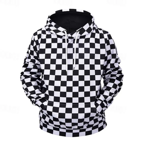 Men's Graphic Plaid Checkered Check Hoodie Hoodies Sweatshirt Casual Big and Tall Long Sleeve Hooded Daily Sports Streetwear Black And White Print Summer Spring Designer